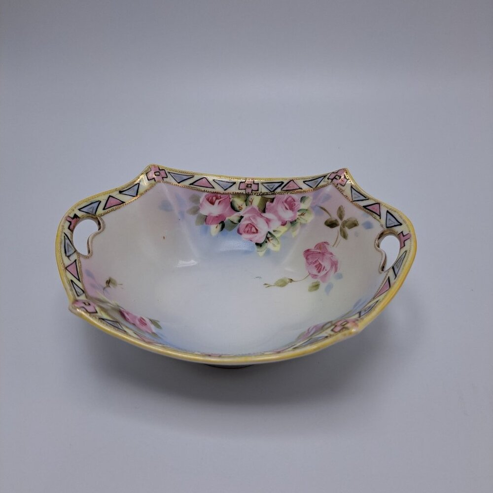Hand Painted Nippon Rose Floral 2 Handled Dish Geometric Border Vintage